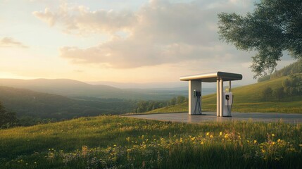 A modern fuel station in a serene landscape during sunset.