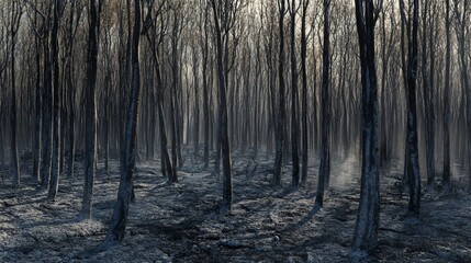 Obraz premium A stark forest landscape shows the remnants of a wildfire with blackened trees and ash