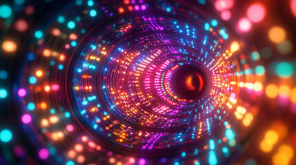 Obraz premium Colorful swirling lights create a vibrant tunnel effect in a digital space scene at night