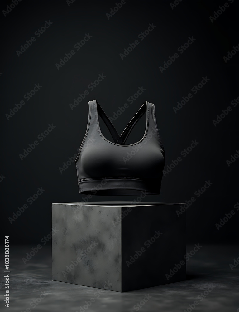 Poster The sports bra sits stylishly on a pedestal with a textured dark background showcasing its design and features prominently in the image.