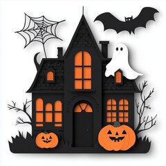Halloween Haunted House: A charming and spooky paper cut-out illustration of a haunted house with a ghost, bat, spider web, and pumpkins. Perfect for Halloween-themed designs and decorations. 