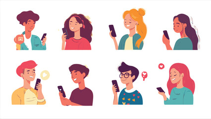Young People use Smartphones, Chatting, making Selfie and listening Music. Happy Boys and Girls talking and typing on Phone, Vector Illustration.