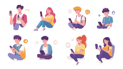 Young People use Smartphones, Chatting, making Selfie and listening Music. Happy Boys and Girls talking and typing on Phone, Vector Illustration.