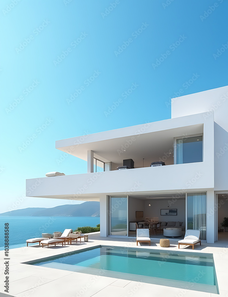 Poster the studio is situated under a blue sky near the ocean with modern architecture and sleek design ele