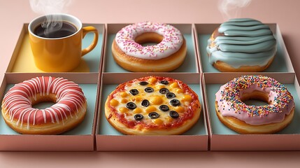 Modern, minimalist pizza box cover with a strong focus on the pizza,A cartoon drawing of a pizza, donut, and coffee cup on a table. The pizza is cut in half and the donut is covered in sprinkles