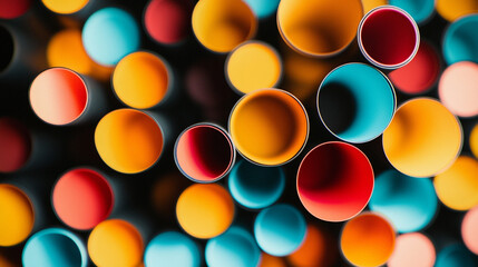 Colorful arrangement of round tubes illuminated against a dark background in an artistic display