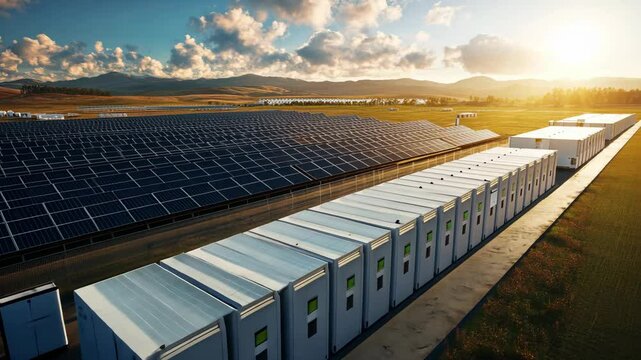 A large solar farm with rows of solar panels and a battery storage system