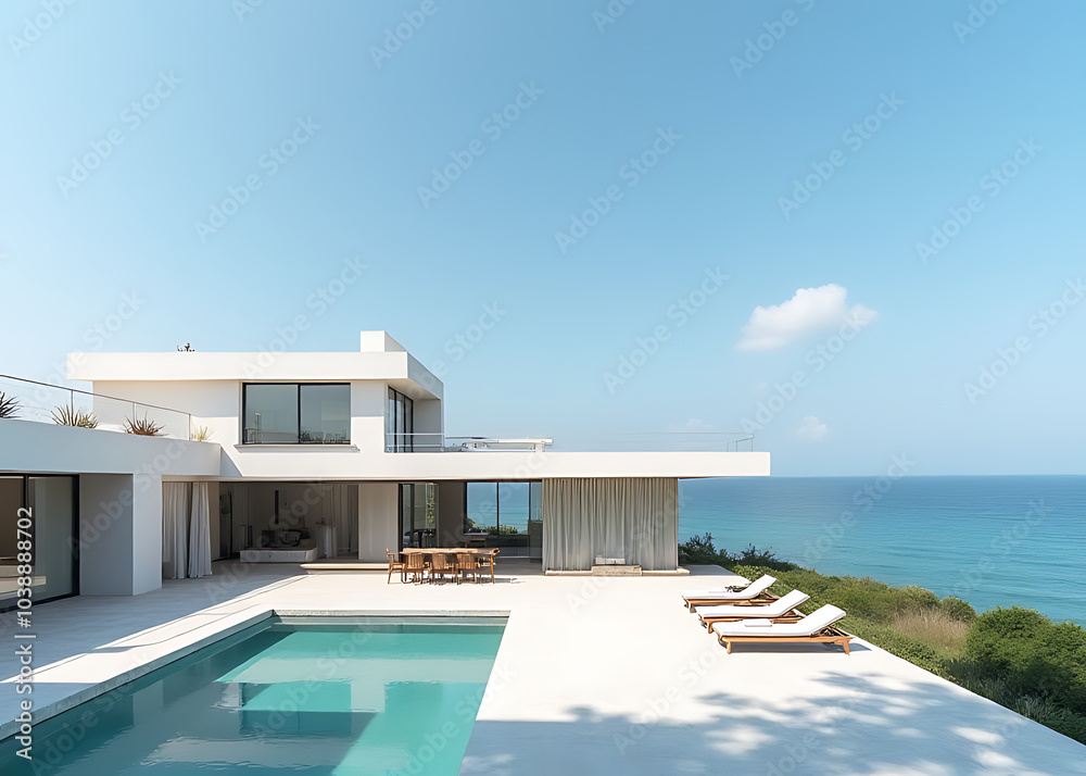 Poster the studio is situated under a blue sky near the ocean with modern architecture and sleek design ele