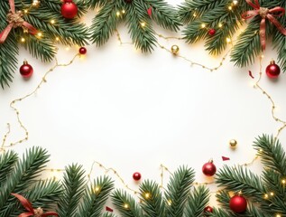 Christmas border with conifer branches and garlands of Christmas lights isolated on white background