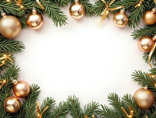 Christmas border with conifer branches and garlands of Christmas lights isolated on white background