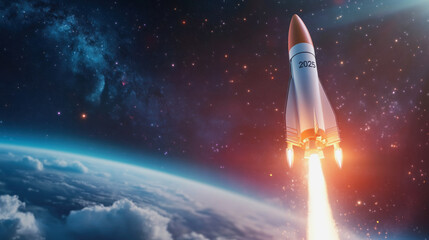 Obraz premium A bright rocket launches into space against a backdrop of clouds and stars, marking a significant milestone in space exploration plans for 2025