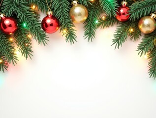 Christmas border with conifer branches and garlands of Christmas lights isolated on white background