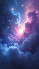 Fototapeta premium Stunning cosmic clouds illuminated by bright stars and ethereal light in a mesmerizing night sky
