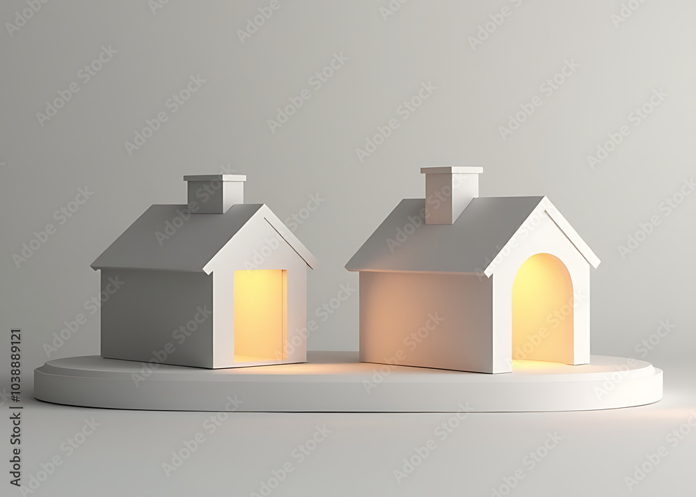 Poster Tiny houses with soft light and grey backgrounds are a luxury design feature in 3D renderings and architectural models.
