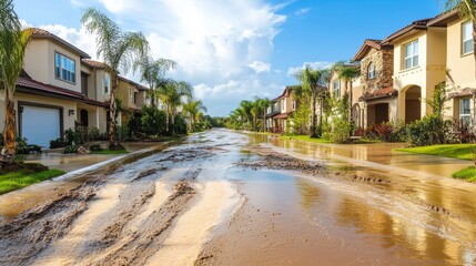 Floodwaters sweep into homes as muddy river flows over residential streets under a bright sky