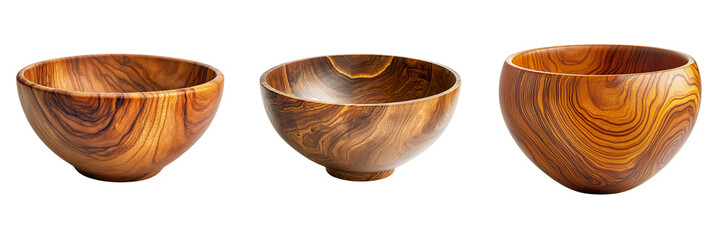 Set of A beautifully arranged set of handmade teak wood bowls, each bowl perfect for soup, salad, smoothie, or cereal on transparent background. Ai generated