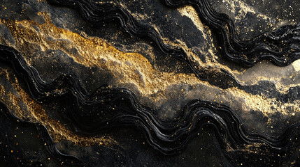 Elegant black and gold abstract design with flowing patterns and shimmering speckles