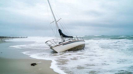 A sailboat is beached on the shore with waves washing against its hull on a gray day