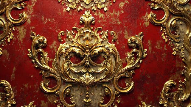 Ornate gold scrollwork decorates a red wall