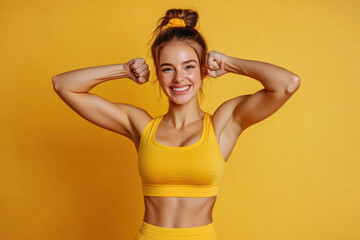Woman in yellow sports bra top and black shorts, sprinting on track in the bright sunlight, focused on finishing strong.