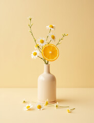 Vase holds small orange slice surrounded by delicate flowers on a plain beige background tabletop setup. © fotoluigi868