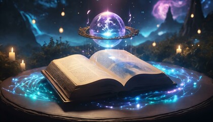 Open magical book with glowing sphere and candles in enchanting cosmic setting

