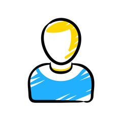 A cartoon drawing of a man with a blue shirt and yellow hair. The drawing is very simple and has a casual, fun vibe
