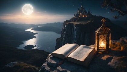 Open book and lantern on cliff edge overlooking moonlit lake and distant castle at night