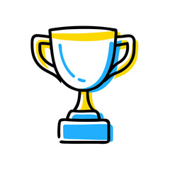 A trophy is drawn in blue and yellow. The trophy is a symbol of achievement and success. The trophy is placed on a white background