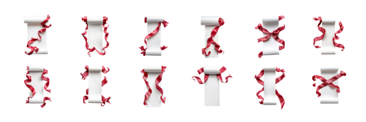 Set of A beautifully wrapped Christmas gift with a vibrant red ribbon bow atop a festive greeting card. The card is propped slightly open on transparent background. Ai generated