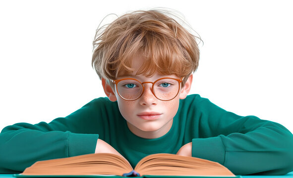 A young boy with glasses deeply engaged in reading a book while resting his arms on the table