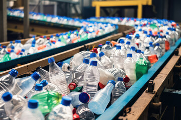 Recycling process a closer look at plastic bottles on a conveyor belt in an industrial setting for sustainable practices