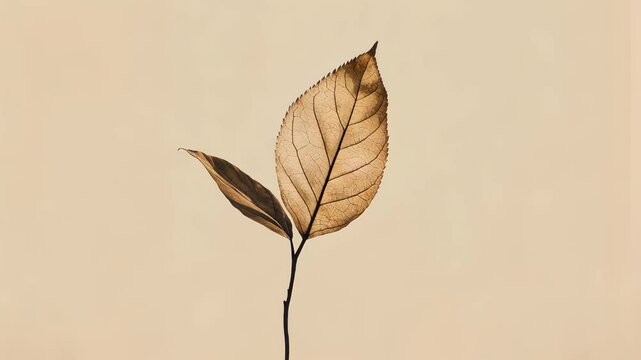 A single brown leaf branch against a light background