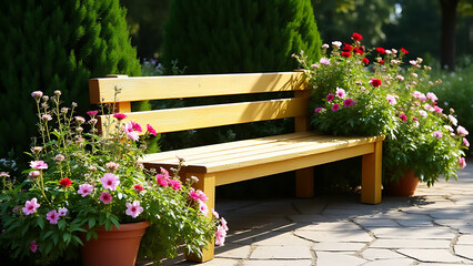 Vibrant floral arrangements surround a golden bench in a serene outdoor setting.
