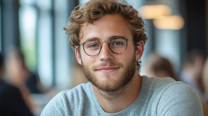 A young man with curly hair and glasses exudes a friendly demeanor while sitting at a bustling cafe, surrounded by a lively atmosphere