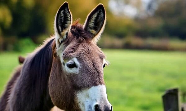 A cute donkey with long ears is munching on green grass behind a wooden fence, enjoying the tranquility of rural life