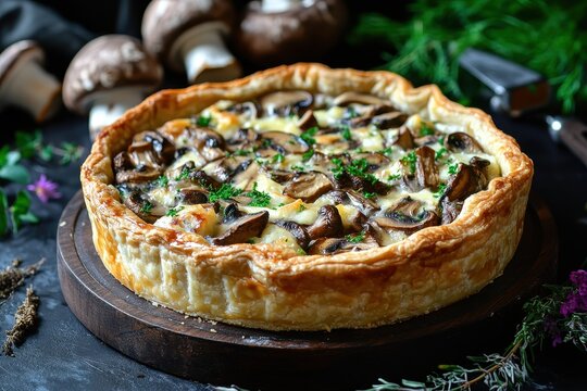 Mushroom and cheese quiche on a dark backdrop side angle Delicious mushroom galette Chicken pie