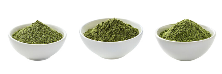 Set of A ceramic bowl filled with vibrant green wheatgrass powder, accompanied by a wooden spoon on transparent background. Ai generated