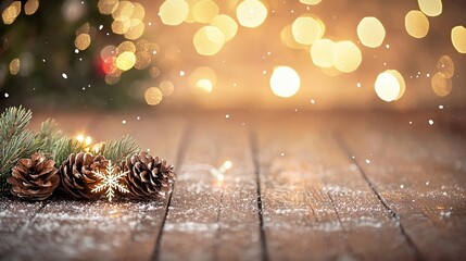   A pine cone sits atop a wooden table beside another pine cone on the same table