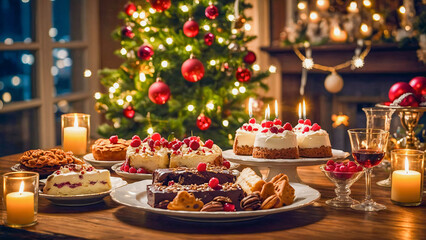 Naklejka premium AI-generated images of Christmas spirits, with a mouth-watering spread of decadent desserts