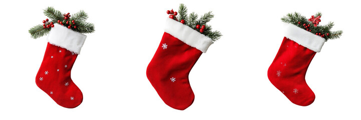 Set of A classic red Christmas stocking with white trim, hanging on a hook on transparent background. Ai generated