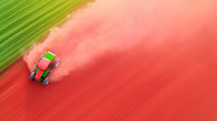 Naklejka premium Tractor cultivating vibrant red soil in a farm field during golden hour sunlight