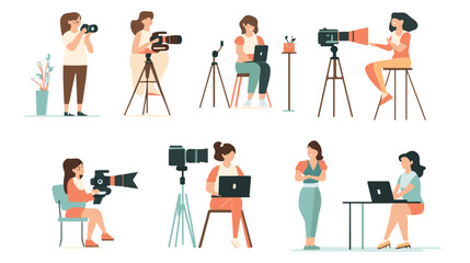 Video blogger set. Women posing and speaking for video camera on vacation, in gym, at home with laptop. Flat illustrations.

