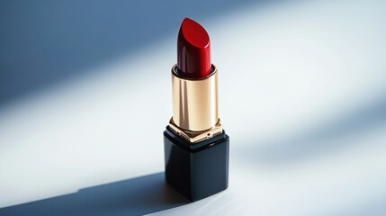 A vibrant red lipstick stands elegantly in soft light, showcasing beauty and cosmetics.