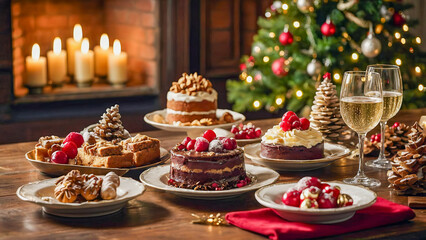 Naklejka premium AI-generated images of Christmas spirits, with a mouth-watering spread of decadent desserts