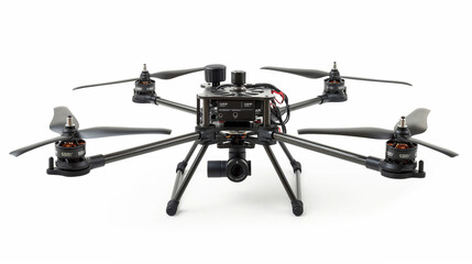 Black quadcopter drone with camera and four rotors.