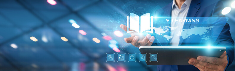 Businessman using tablet analyzing e-learning course effectiveness, student engagement metrics,...