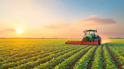 Tractor cultivating a lush green field at sunset in a rural agricultural landscape
