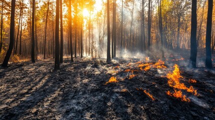 Hot spots and smoke linger in a scorched forest as the sun sets casting eerie shadows