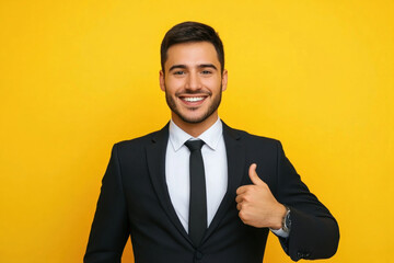 Man in suit and tie giving a thumbs up, smiling confidently.